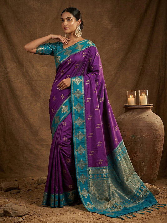 Violet Soft Silk Saree with Unstitched Blouse