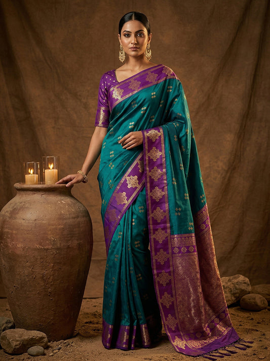 Rama Soft Silk Saree with Unstitched Blouse