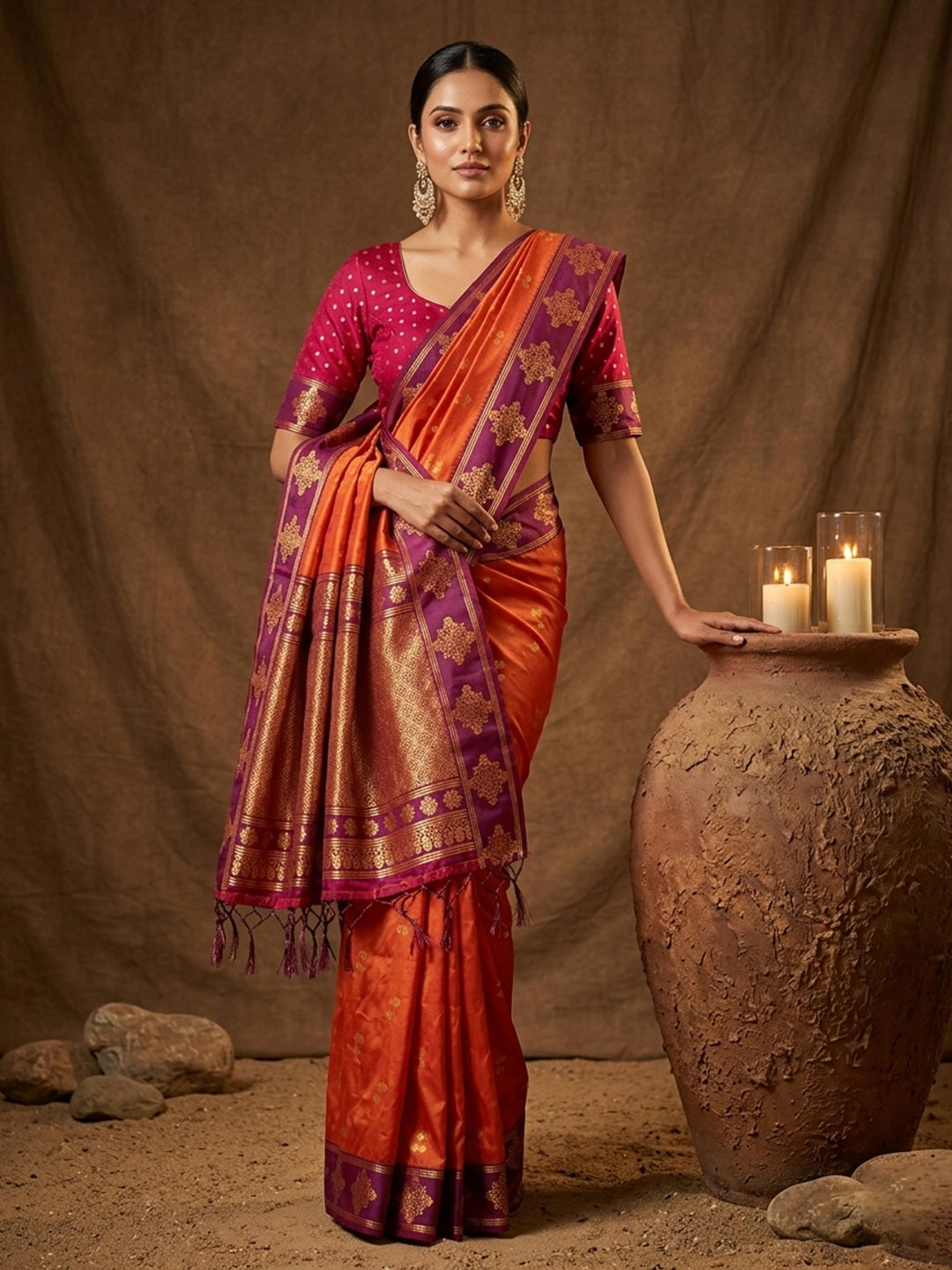 Orange Soft Silk Saree with Unstitched Blouse