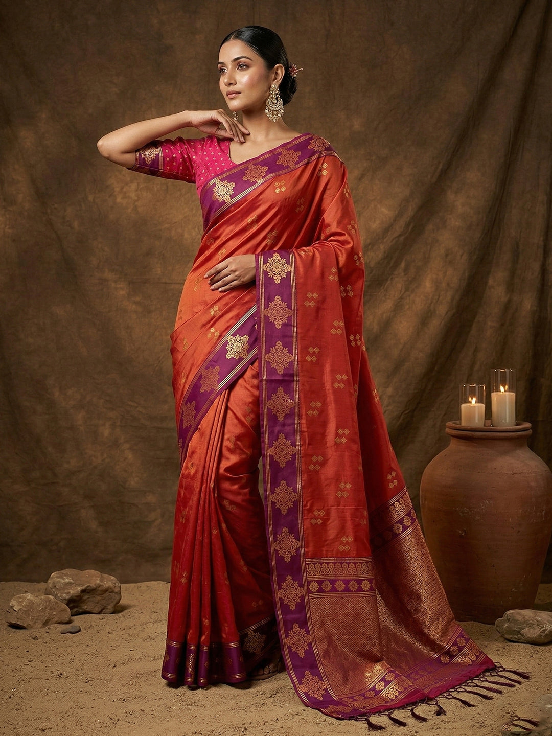 Orange Soft Silk Saree with Unstitched Blouse