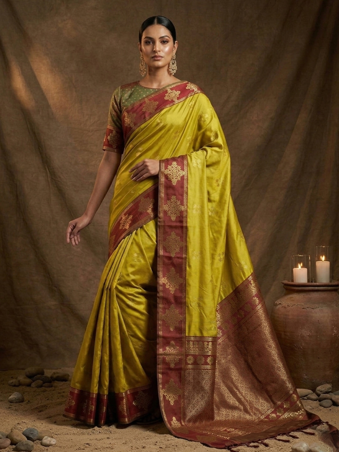 Mustard Soft Silk Saree with Unstitched Blouse