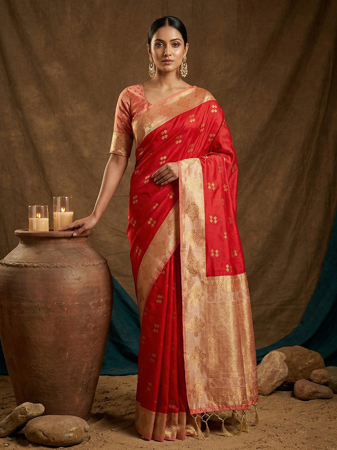 Red Soft Silk Saree with Unstitched Blouse
