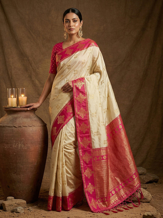 Cream Soft Silk Saree with Unstitched Blouse
