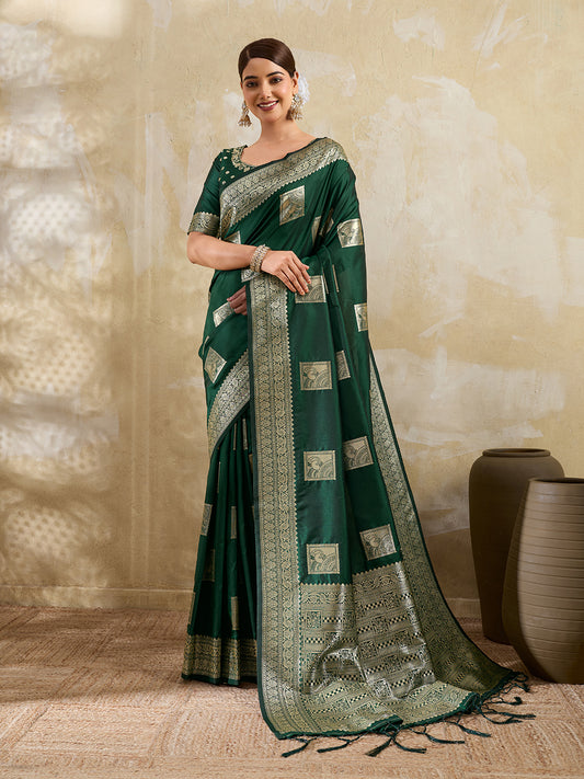 Green Silk Blend Woven Designer Saree with Unstitched Blouse