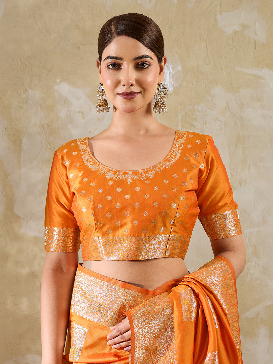 Orange Silk Blend Woven Designer Saree
