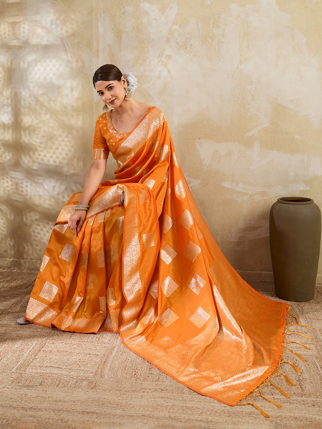 Orange Silk Blend Woven Designer Saree