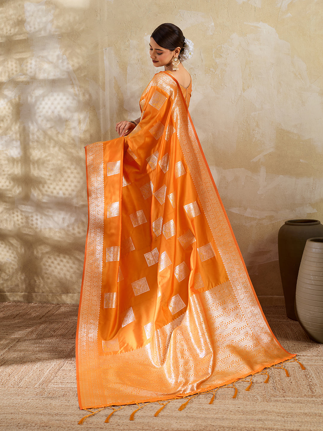 Orange Silk Blend Woven Designer Saree