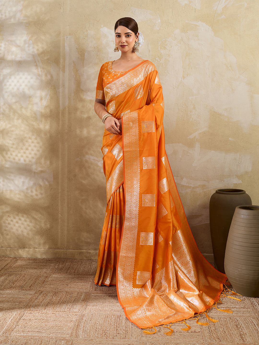 Orange Silk Blend Woven Designer Saree
