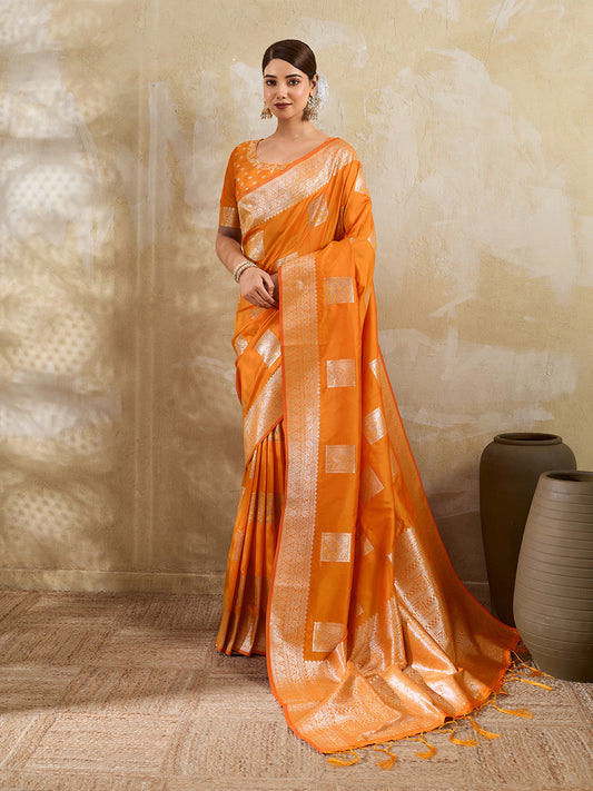 Orange Silk Blend Woven Designer Saree with Unstitched Blouse