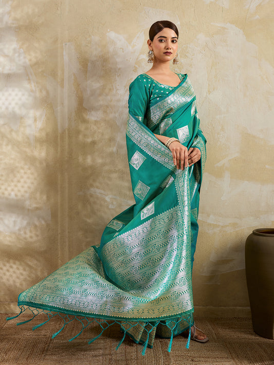 Sea Green Silk Blend Woven Designer Saree