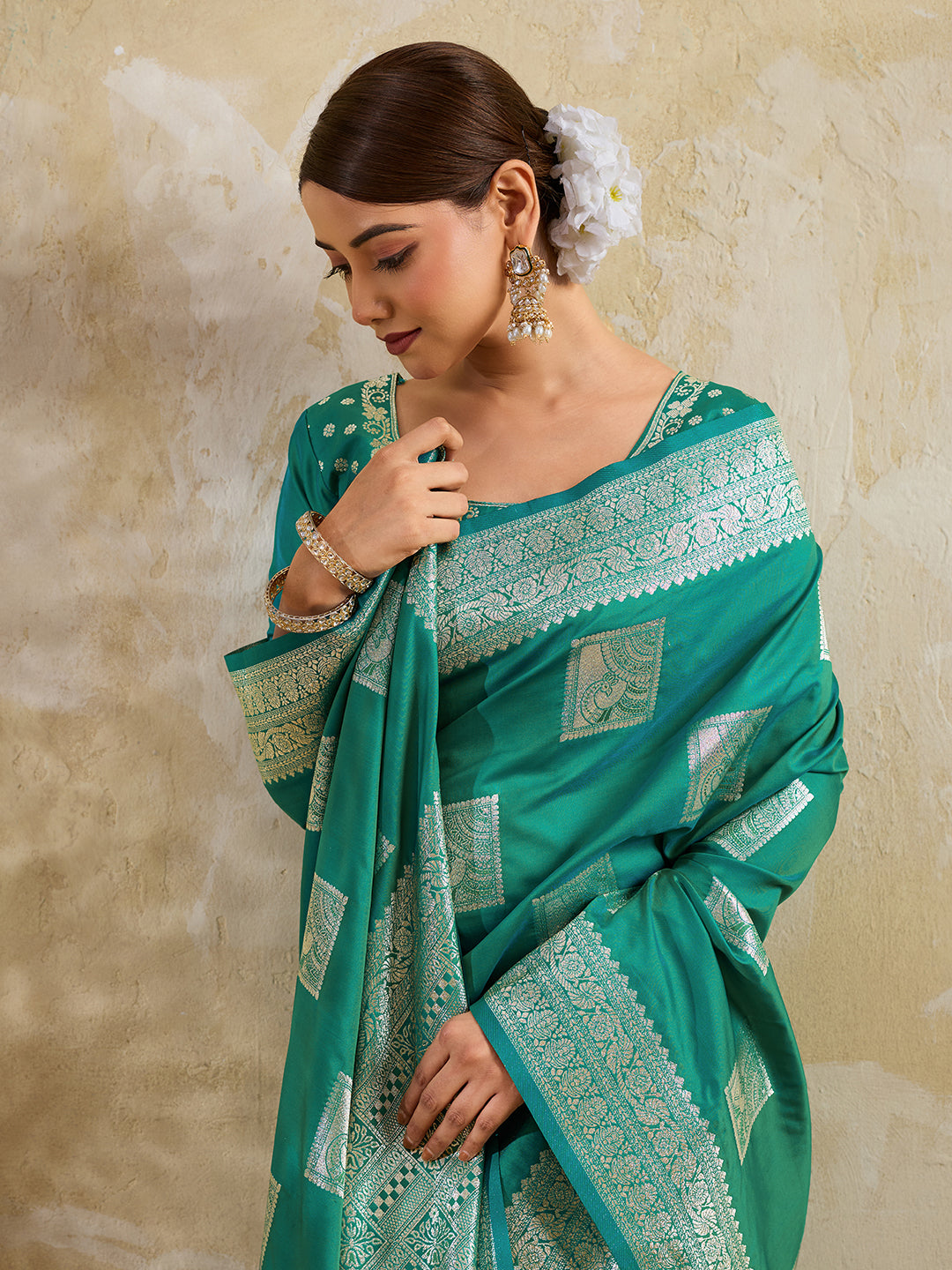 Sea Green Silk Blend Woven Designer Saree