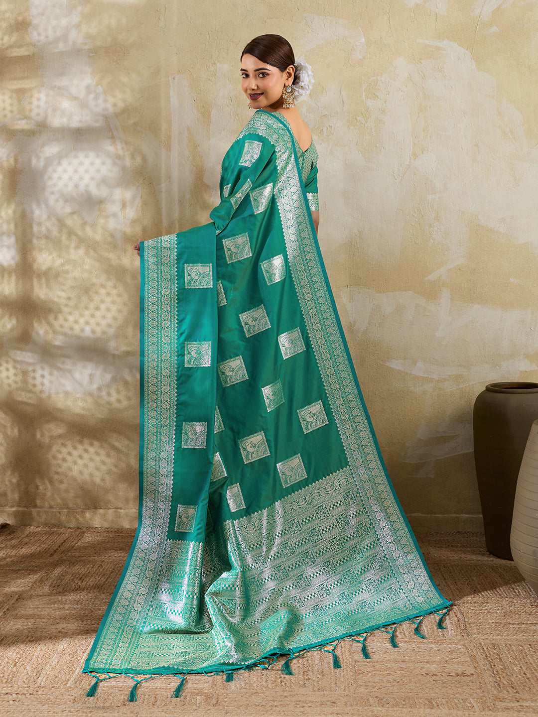 Sea Green Silk Blend Woven Designer Saree