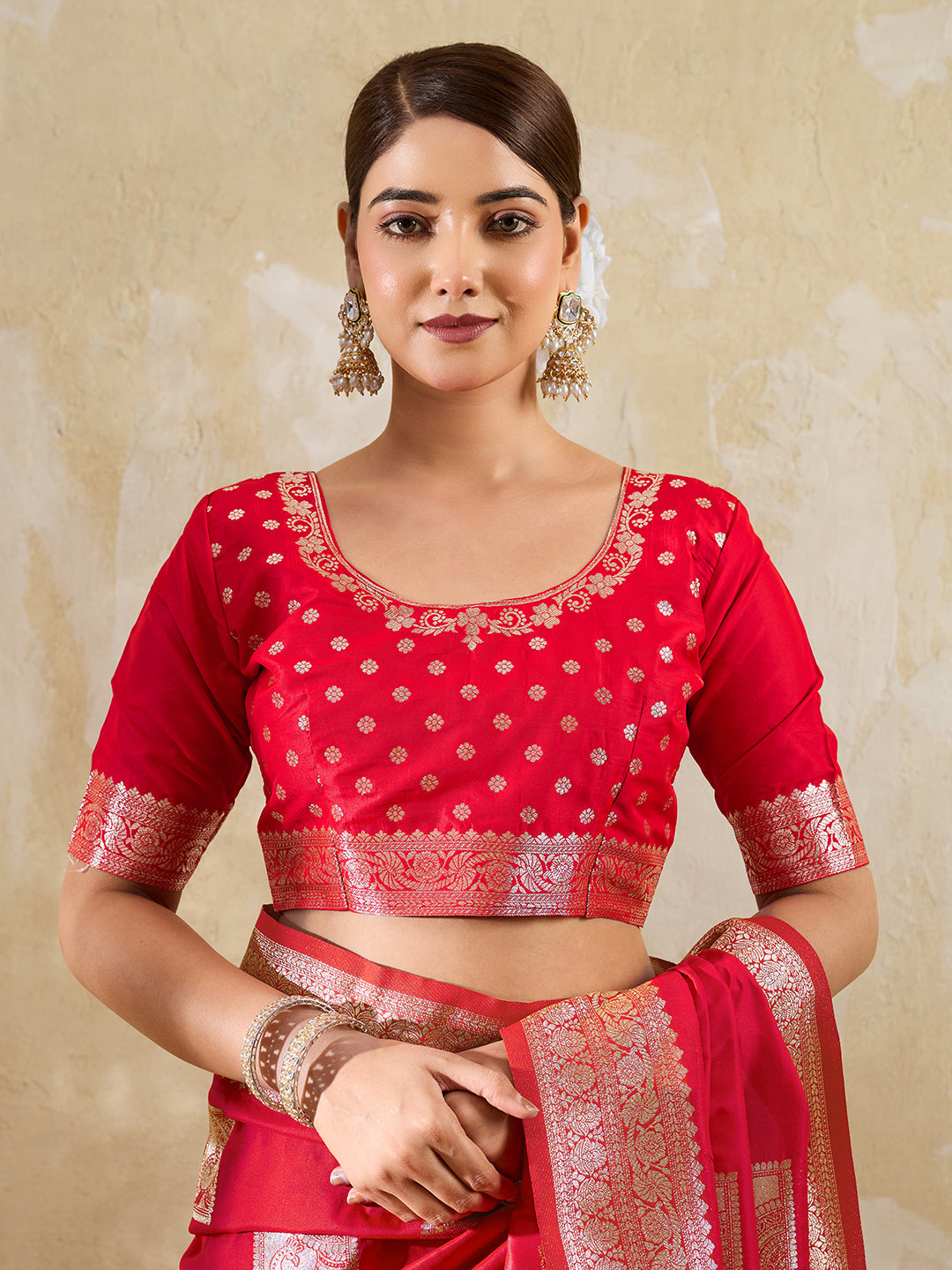 Red Silk Blend Woven Designer Saree
