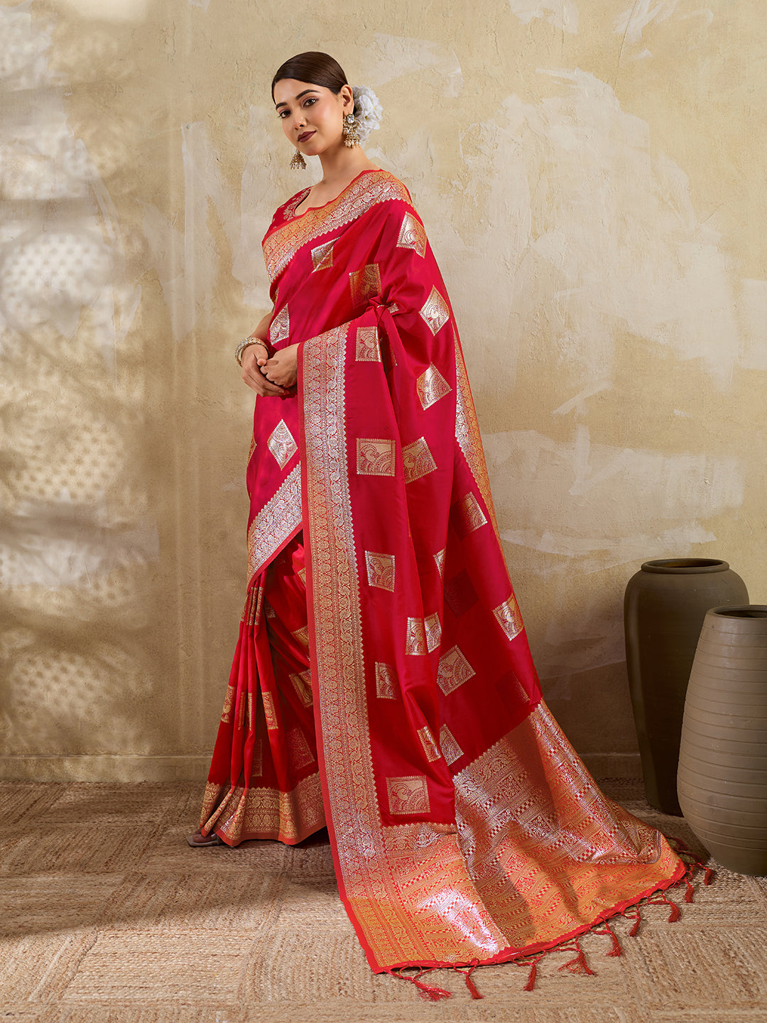Red Silk Blend Woven Designer Saree