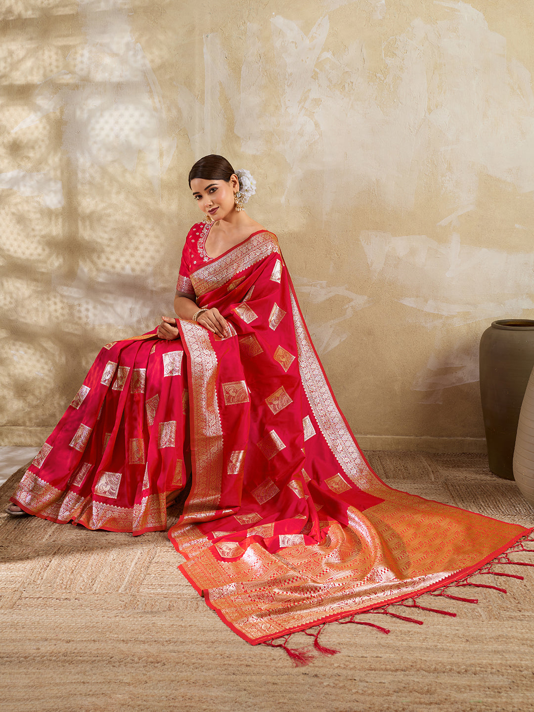 Red Silk Blend Woven Designer Saree