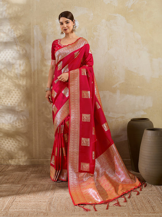Red Silk Blend Woven Designer Saree