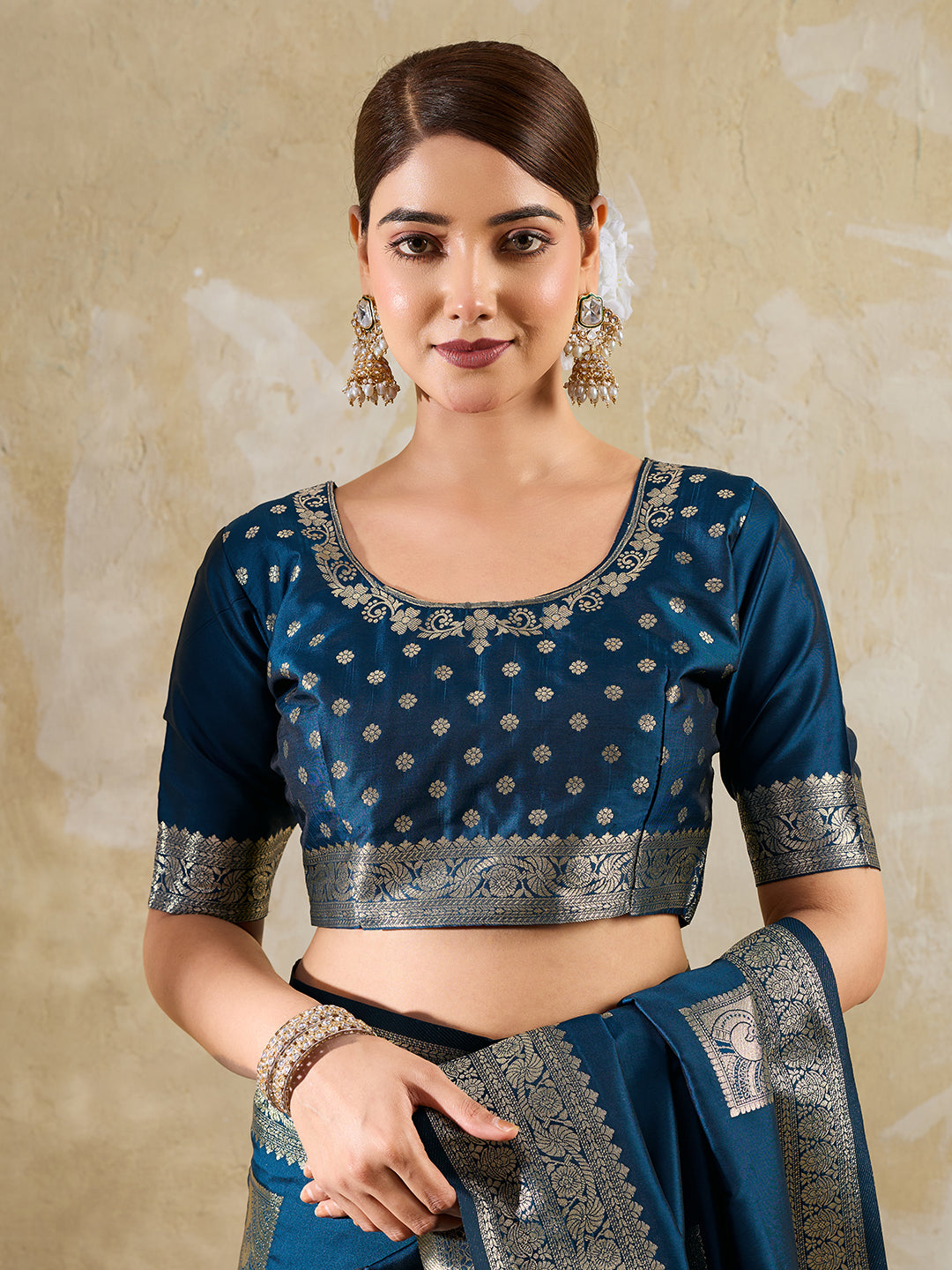 Teal Blue Silk Blend Woven Designer Saree
