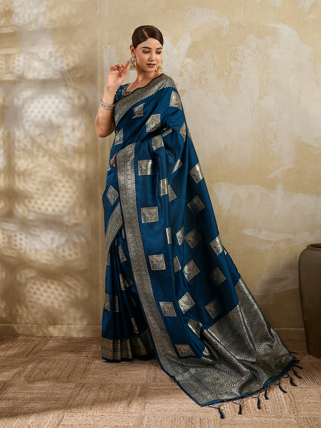 Teal Blue Silk Blend Woven Designer Saree