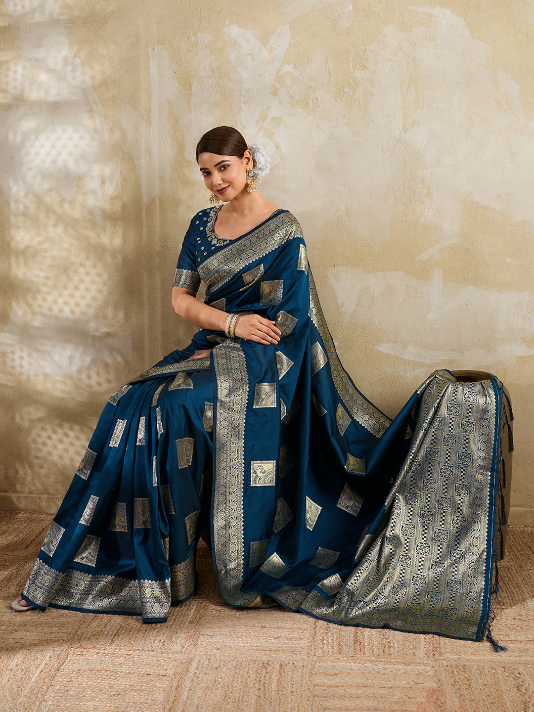 Teal Blue Silk Blend Woven Designer Saree