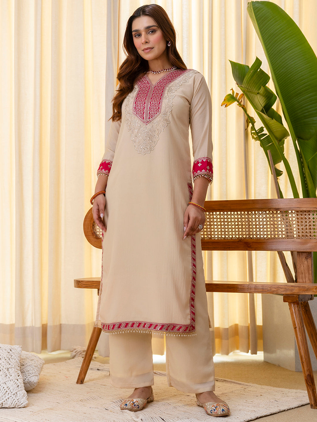 Cream Silk Blend Suit Set with Dupatta