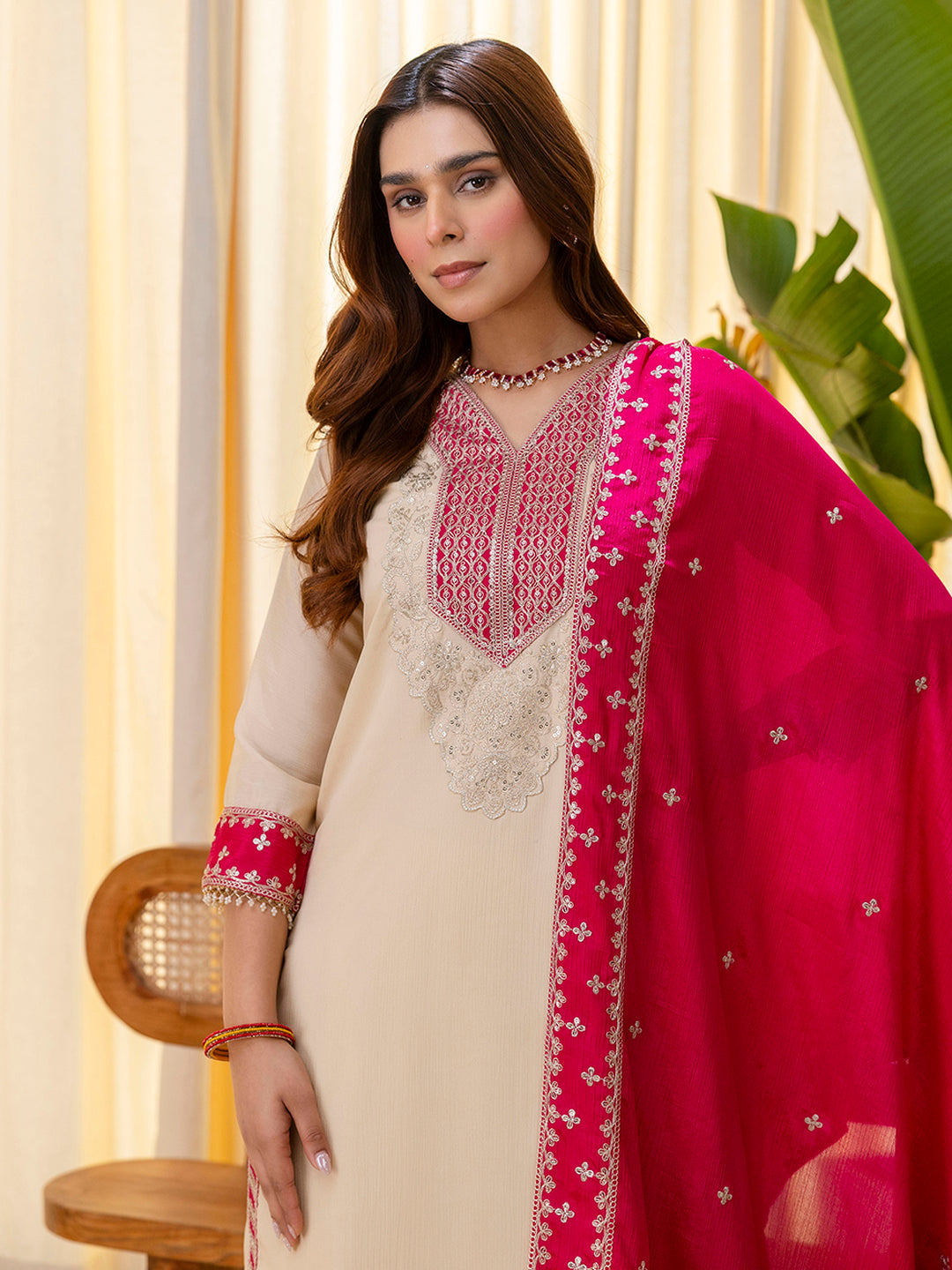 Cream Silk Blend Suit Set with Dupatta