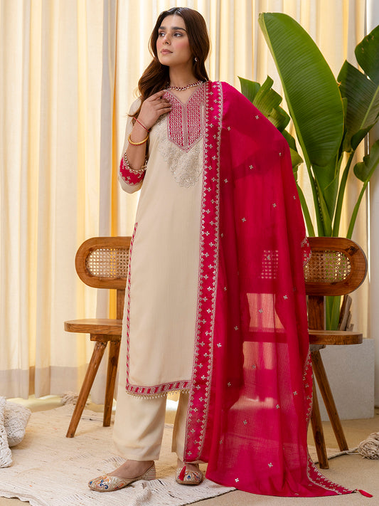 Cream Silk Blend Suit Set with Dupatta
