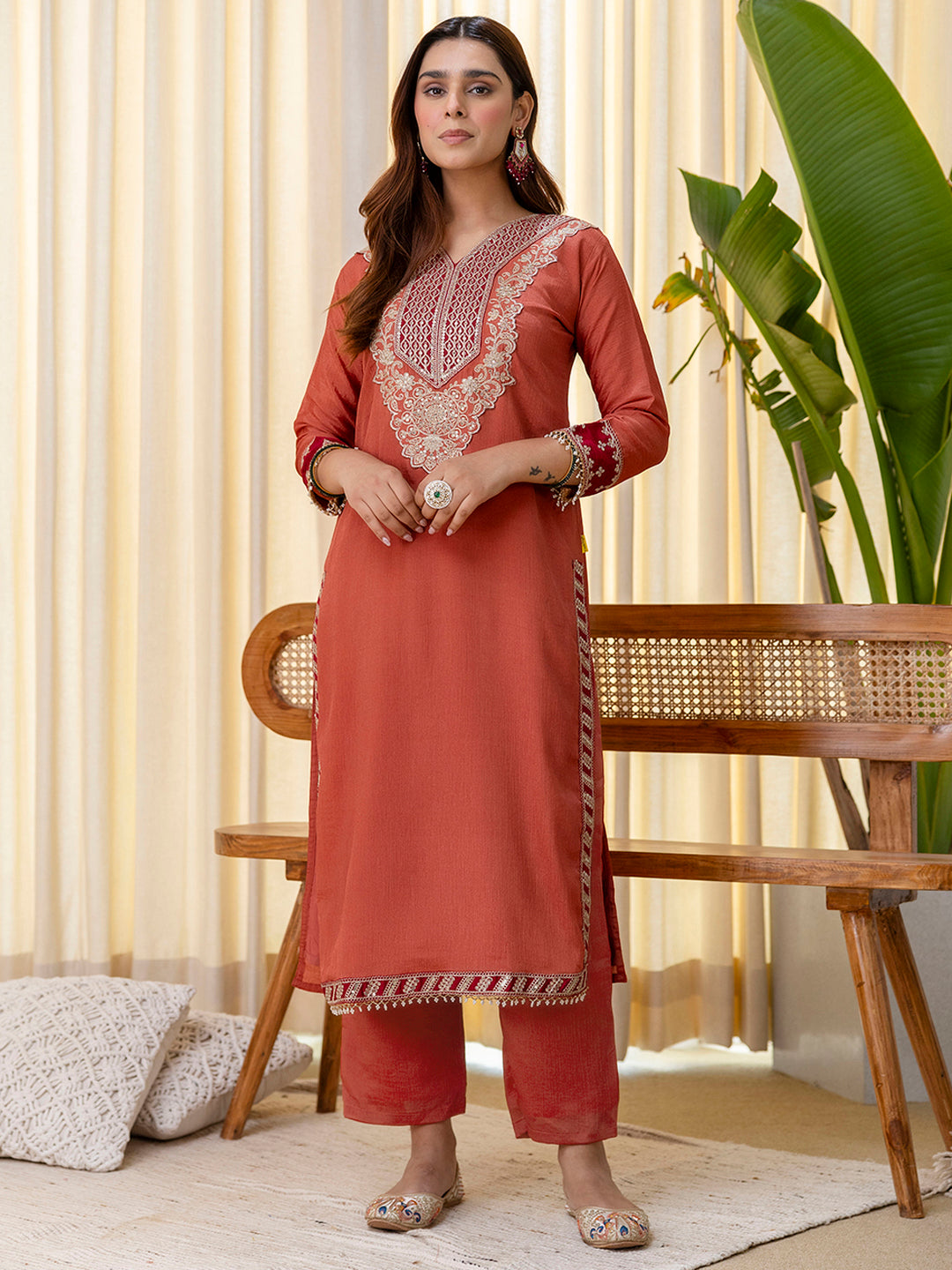 Peach Silk Blend Suit Set with Dupatta