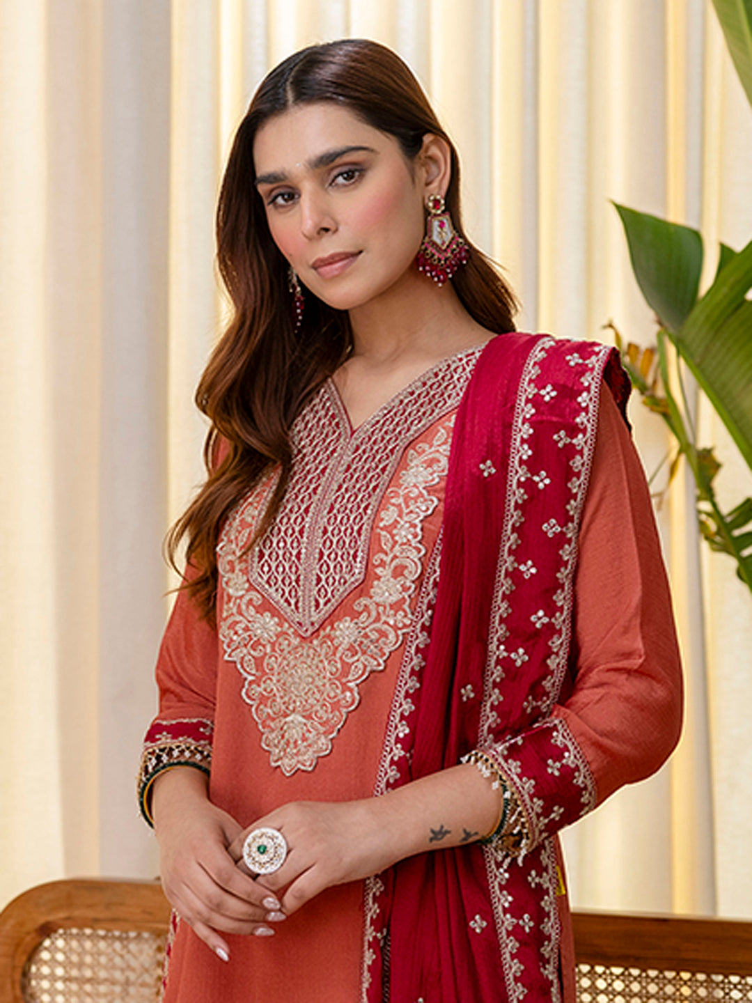 Peach Silk Blend Suit Set with Dupatta