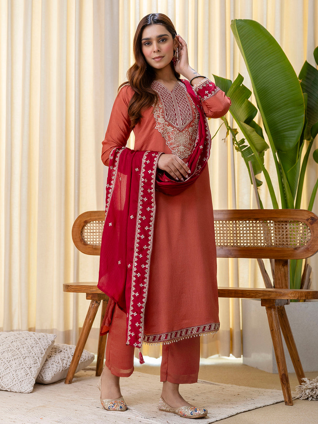 Peach Silk Blend Suit Set with Dupatta