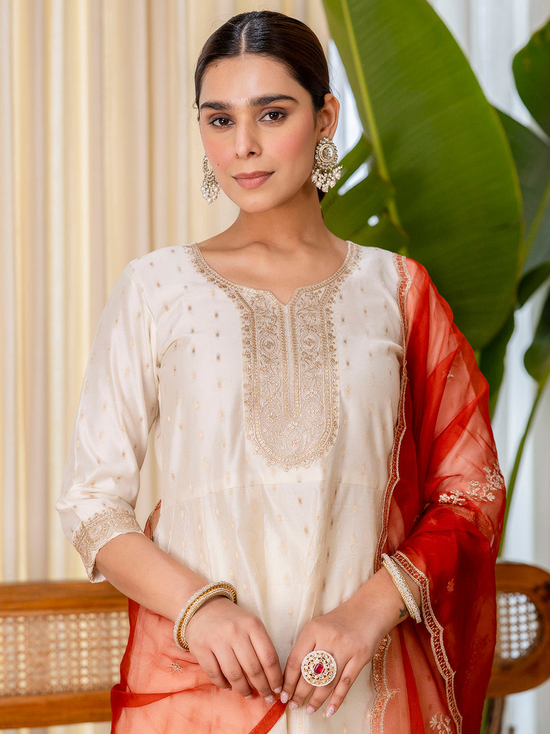 Cream  Silk Blend Suit Set with Dupatta