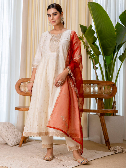 Cream  Silk Blend Suit Set with Dupatta