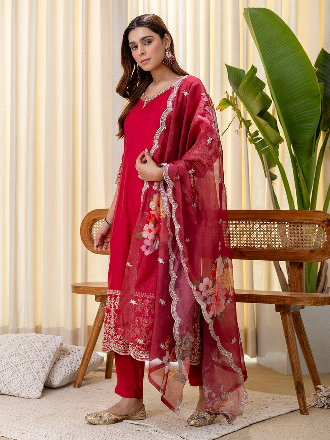 Cherry Silk Blend Suit Set with Dupatta