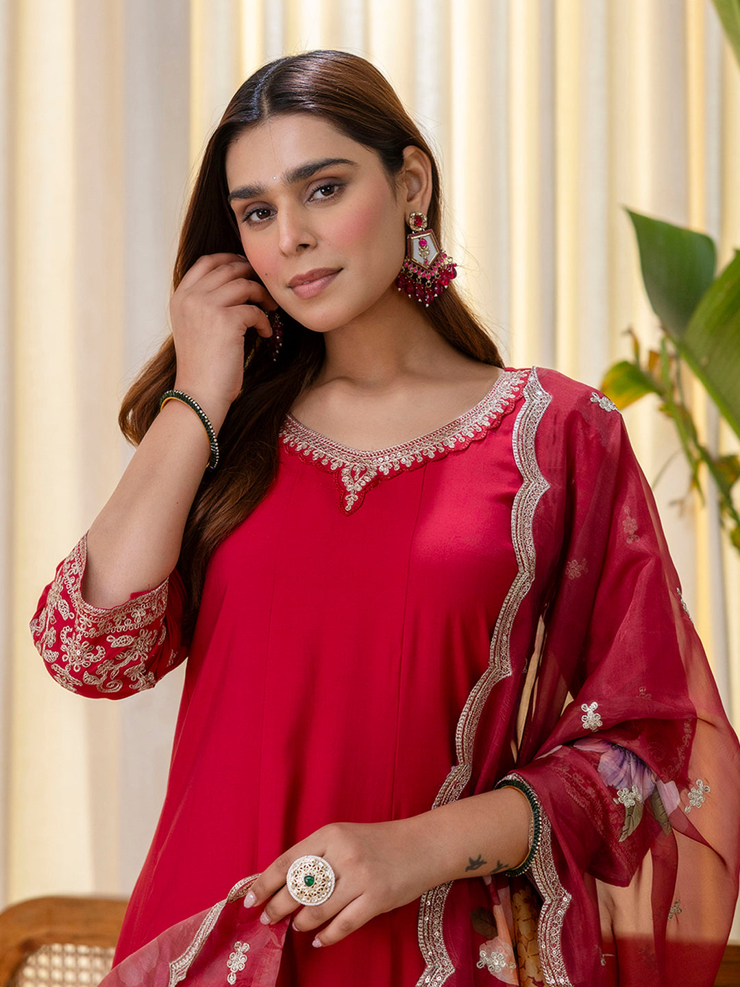 Cherry Silk Blend Suit Set with Dupatta