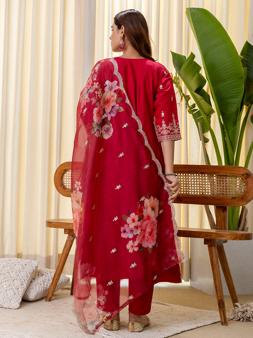 Cherry Silk Blend Suit Set with Dupatta