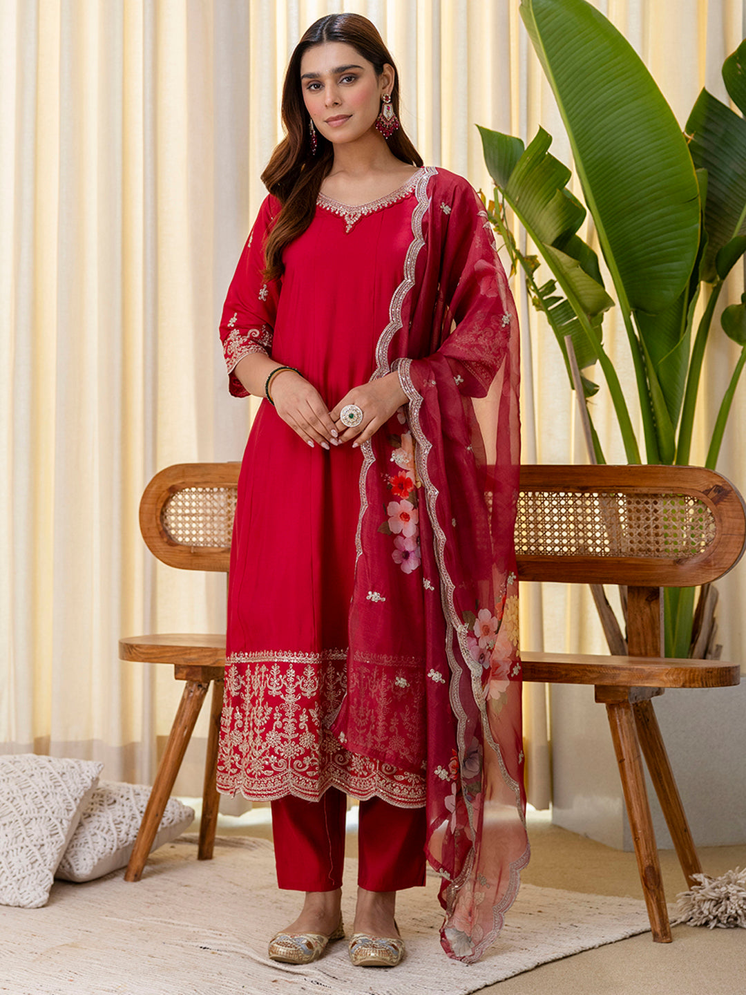 Cherry Silk Blend Suit Set with Dupatta