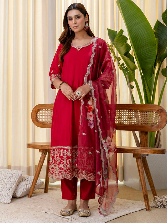 Cherry Silk Blend Suit Set with Dupatta