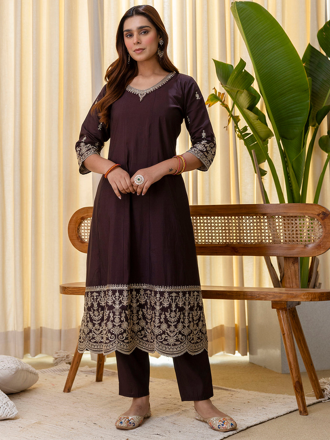 Coffee Color Silk Blend Suit Set with Dupatta