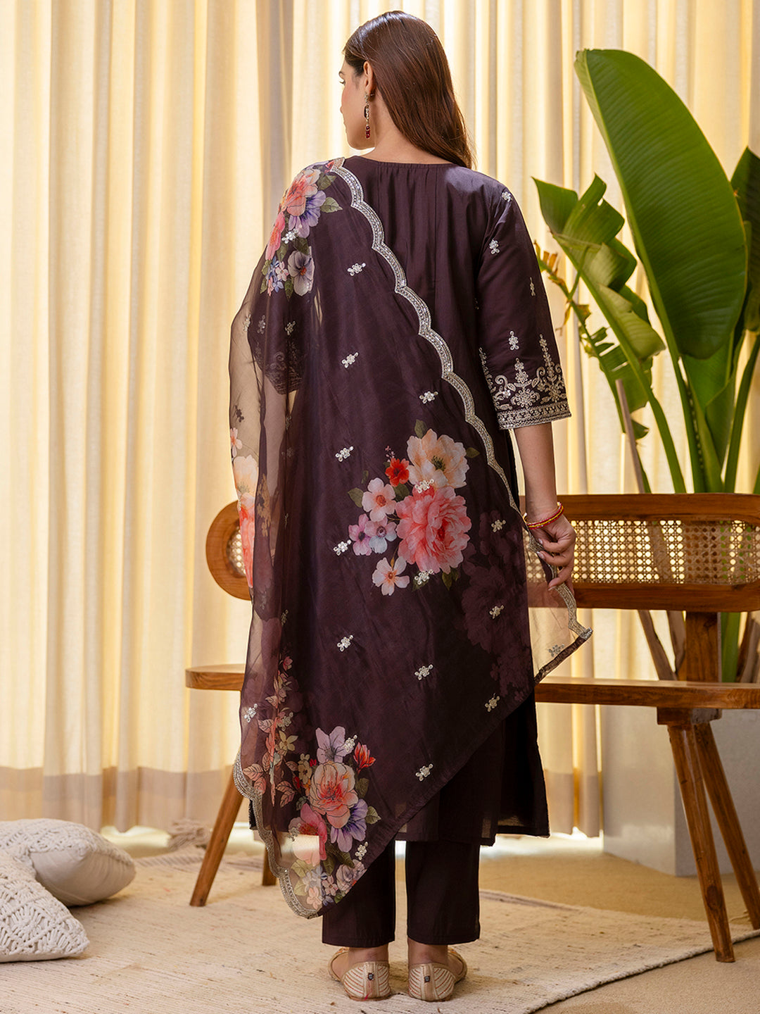 Coffee Color Silk Blend Suit Set with Dupatta