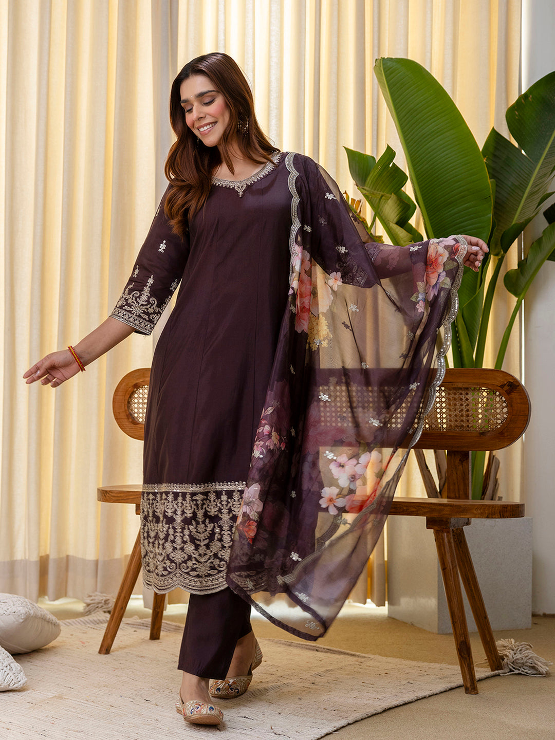 Coffee Color Silk Blend Suit Set with Dupatta