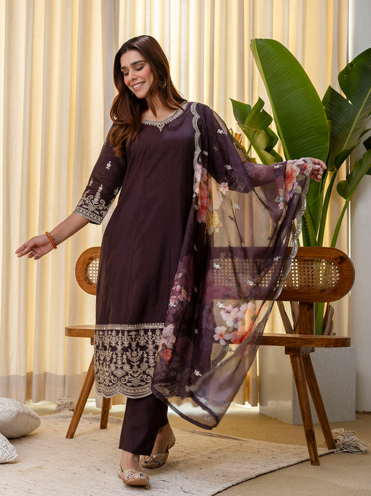 Coffee Color Silk Blend Suit Set with Dupatta