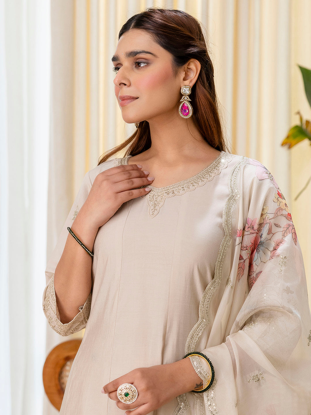 Grey Silk Blend Suit Set with Dupatta