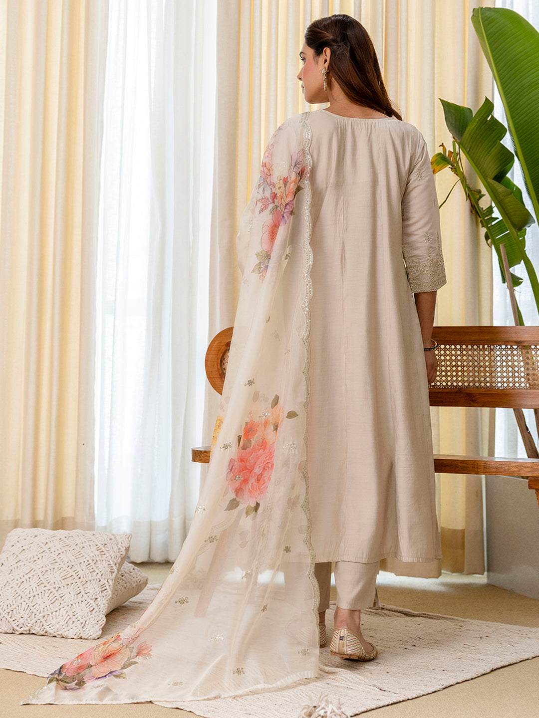 Grey Silk Blend Suit Set with Dupatta