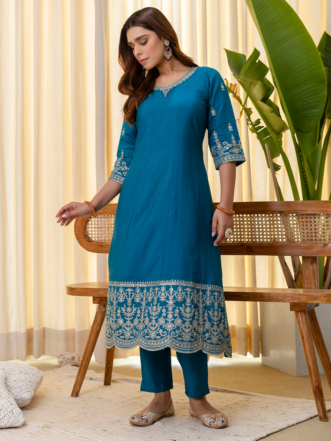 Teal Silk Blend Suit Set with Dupatta