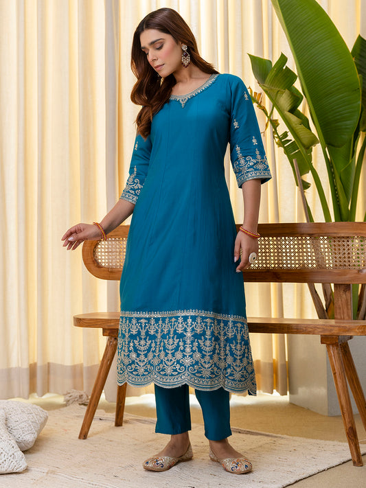 Teal Silk Blend Suit Set with Dupatta