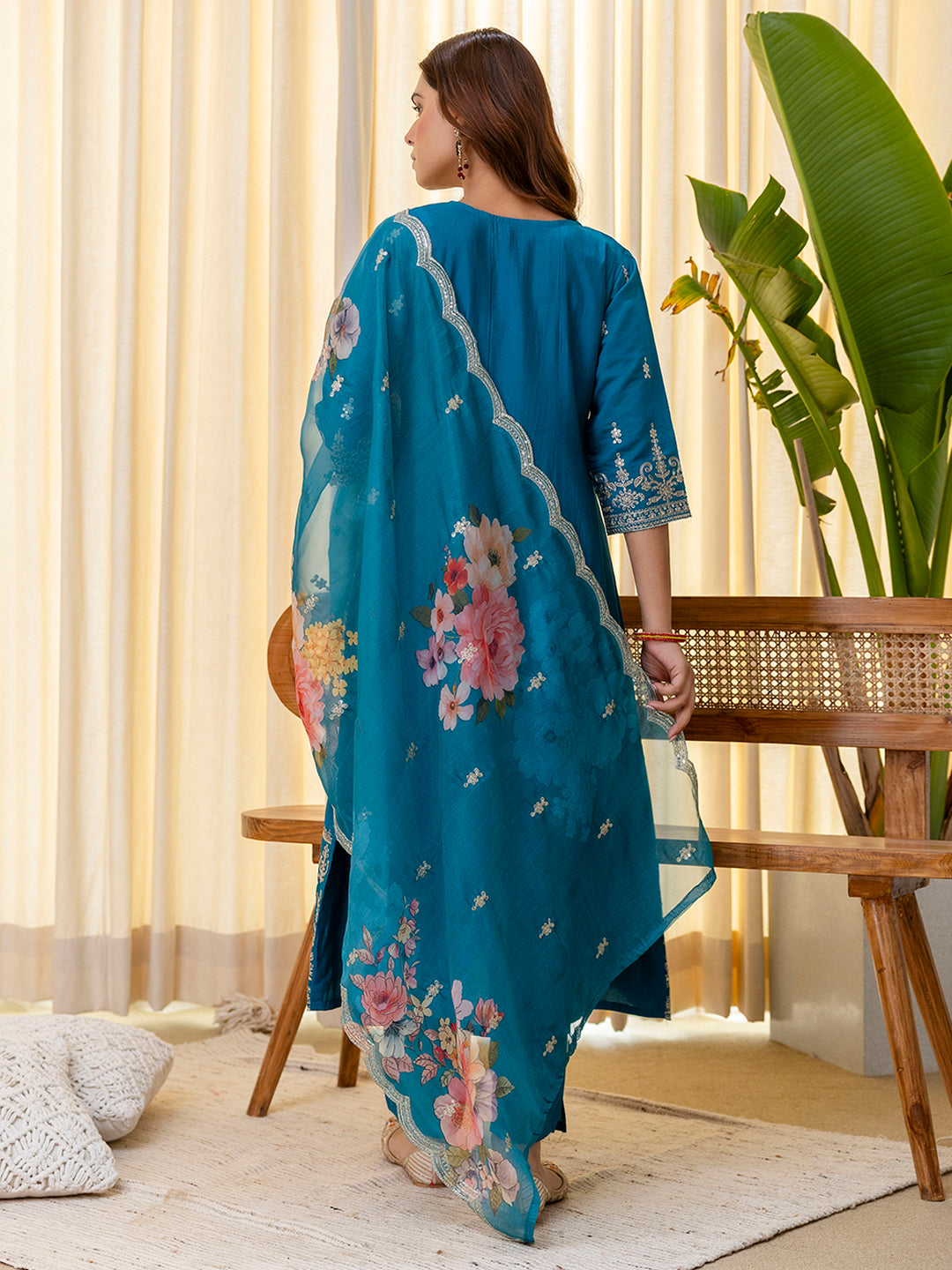 Teal Silk Blend Suit Set with Dupatta