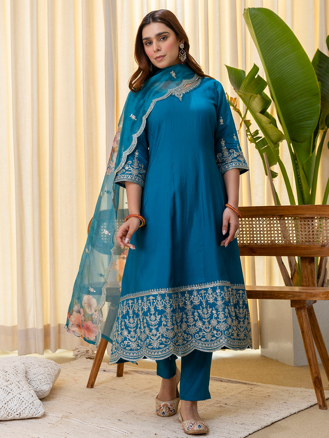 Teal Silk Blend Suit Set with Dupatta