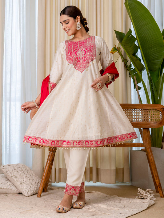 Off White Silk Blend Suit Set with Dupatta