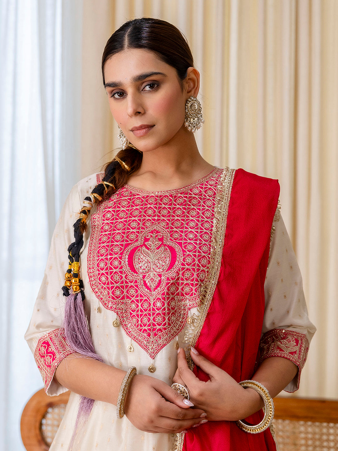 Off White Silk Blend Suit Set with Dupatta