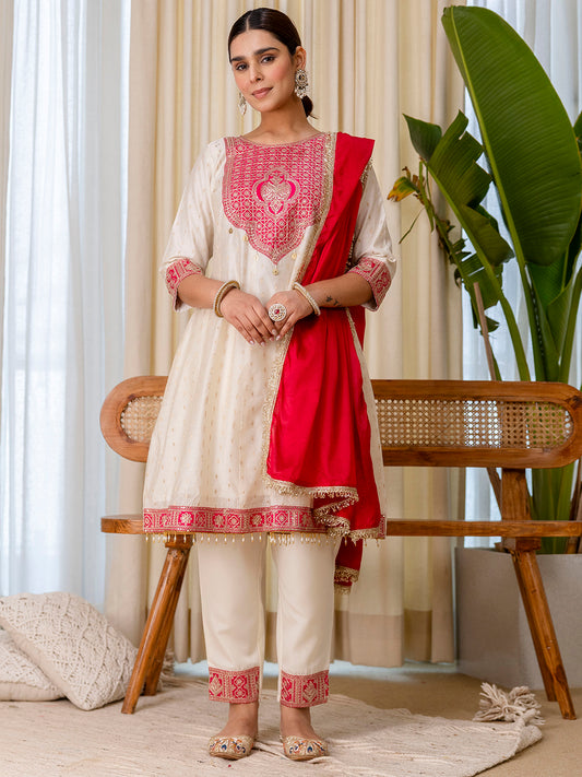 Off White Silk Blend Suit Set with Dupatta