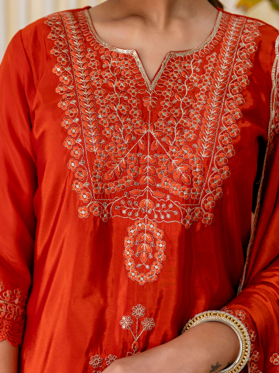 Rust Silk Blend Suit Set with Dupatta